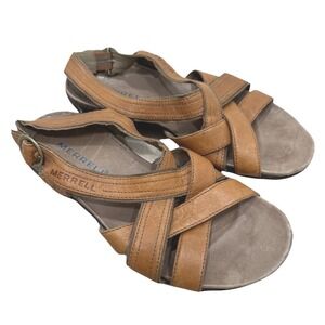 Merrell Tan Bassoon Brown 6 Women Leather Cross-Strap Sandals Embroidered Accent